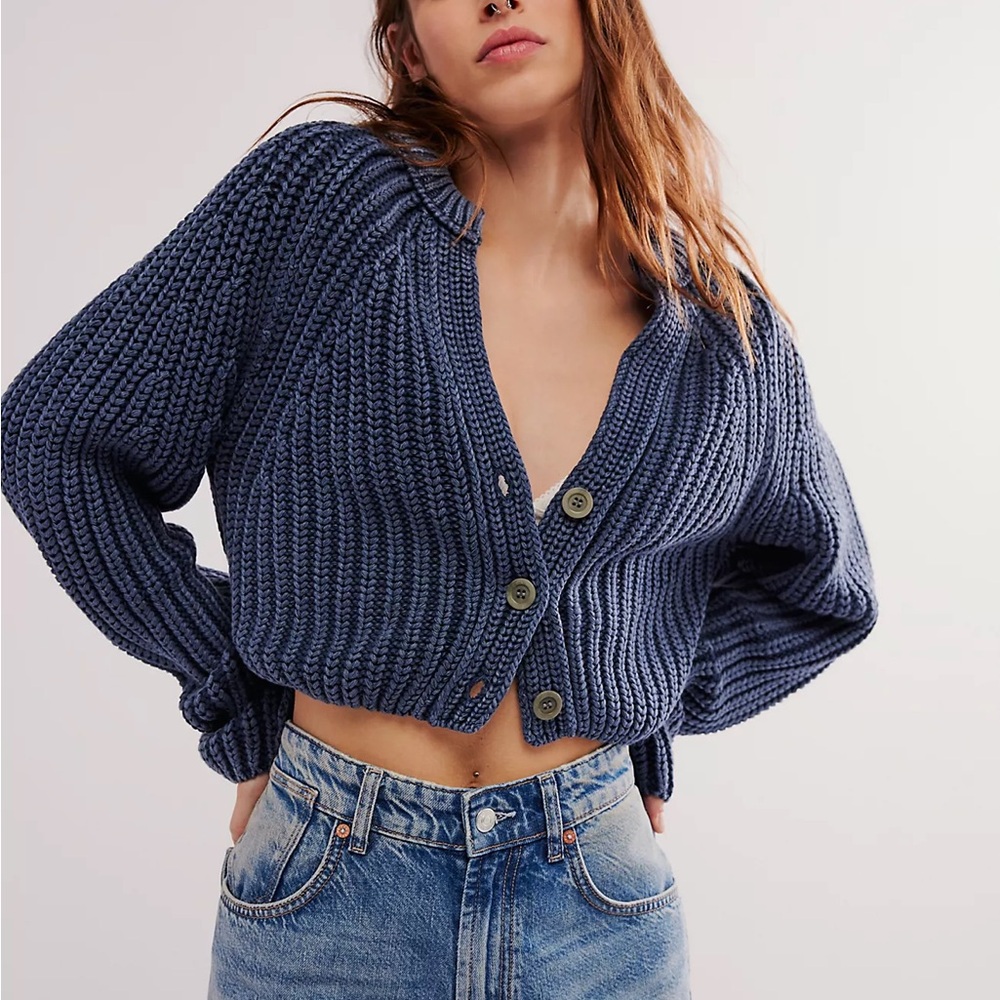 Free people  Navy Cropped Button-Front cardigan (Sweet Nothing)